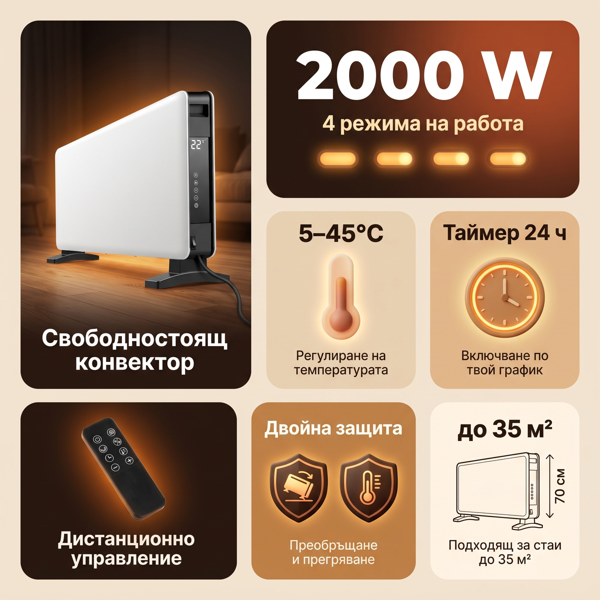 Конвектор с дистанционно Voltz V51974B — 2000W, 4 режима, таймер, LED дисплей