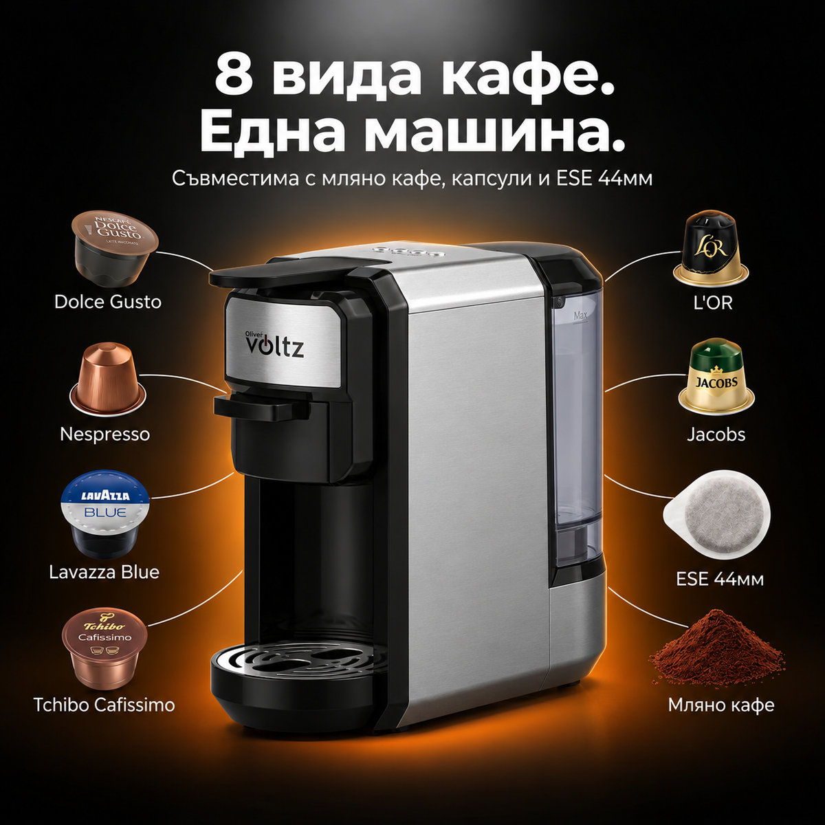 Еспресо машина 8 в 1 Oliver Voltz OV51171E5 — 19 bar, 1450W, Черно/Червено