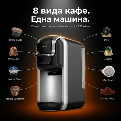 Еспресо машина 8 в 1 Oliver Voltz OV51171J8R — 19 bar, 1450W, Черно/Сиво